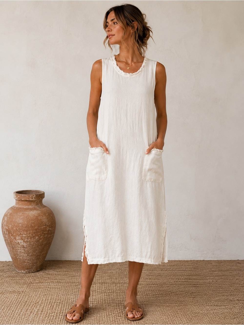 🤍 Raquel Allegra Style Gauze Pocket Midi Dress Sleeveless Raw Hem Small‎ 🤍